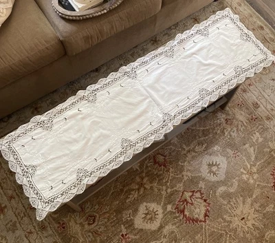 White Cotton Table Runner With Lace Edges 48” X  14” Country Cottage Chic, Flaw - Image 1 of 4