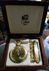 Colibri Masonic Gold Toned Quartz Pocket Watch And Knife In Box Untested - Picture 1 of 7