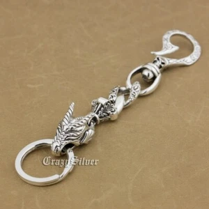 Skull Dragon Hook 925 Sterling Silver Keychain Belt Clip Keyring 8F013KCB BZ - Picture 1 of 10