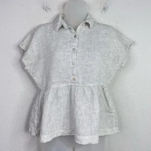 C&C California Shirt Womens XS Grey White Striped Linen Peplum Boho Coastal - Picture 1 of 8
