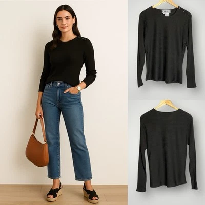 Blusa feminina Carlisle mistura de lã de seda tamanho XL vintage anos 80 botão ombro com nervuras - Imagem 1 de 4