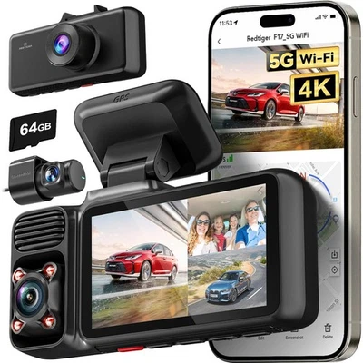 Redtiger F17 4K UHD Ultra Clear Dashcam 5G Wi-Fi Vorne Hinten Innen 64 SD-Karte - Bild 1 von 4