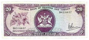 *RARE* 1977 TRINIDAD AND TOBAGO - 20 DOLLARS - P#33 - VF+ - L6 - Picture 1 of 3