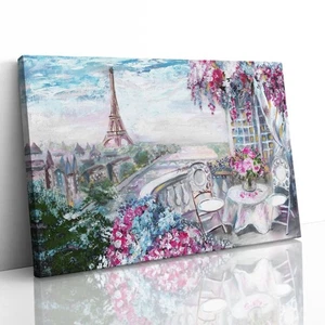 Paris Balcony Eiffel Tower Oil Painting Canvas Framed Print Picture Wall Art - Picture 1 of 29