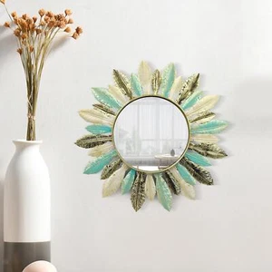 Iron Art Feather Mirror Wall Decoration Hanging Mirror Circle Decorative Boho - Picture 1 of 7
