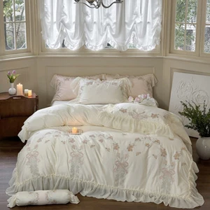 Bedding Set 4 Pieces Embroidery Lace Flower Duvet Cover Flat Sheet 2 Pillowcases - Picture 1 of 48