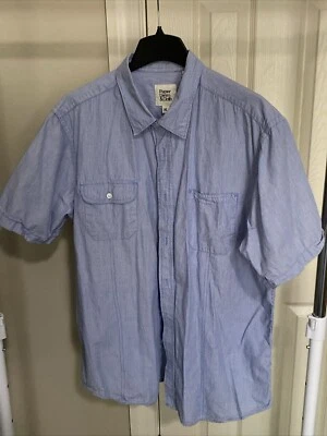 Camisa masculina de papel denim e pano manga curta colarinho azul GG com botões embolsados - Imagem 1 de 4