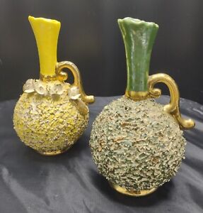 Vintage MCM Paar strukturierte Keramik Keramik Krug Vase gelb grün roségold