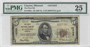 $5 1929 Type 1 National Bank Note Clayton MO Ch#12333 Fr#1800-1 PMG VF25 - Picture 1 of 2