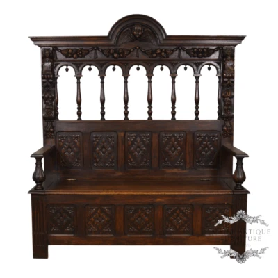 Antique Oak Heavily Carved Hall Bench – Extra Large #22171 - Image 1 of 4