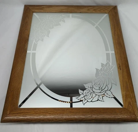 Wall Mounted Mirror 23 x 17 Glazed Rose Floral Mid Century Vintage Wood Framed Cover