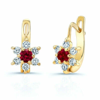 14K Yellow Gold Ruby Diamond Earrings Leverback Cuff Huggie Floral Natural Round - Image 1 of 2