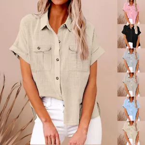 Womens Button Up Casual T Shirts Blouse Ladies Summer Short Sleeve Tunic Tops - Picture 1 of 18