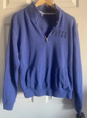 PINK Victoria's Secret 1/4 Zip Blue Long Sleeve Love Pink Pullover Sweatshirt - Image 1 of 4