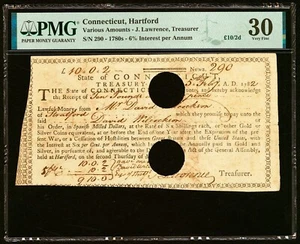 1780's Connecticut Colonial Trerasury Note - Fascinating Colonial Doc - PMG 30 - Picture 1 of 2