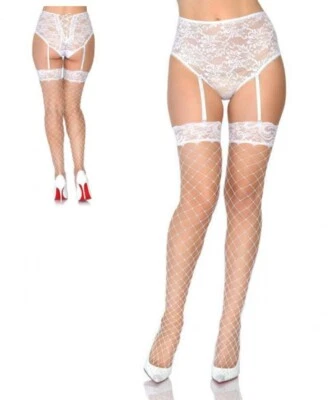 LA-9037 Calze Autoreggenti da Reggicalze BIANCHE a Rete Larga con Balza in Pizzo - Immagine 1 di 2