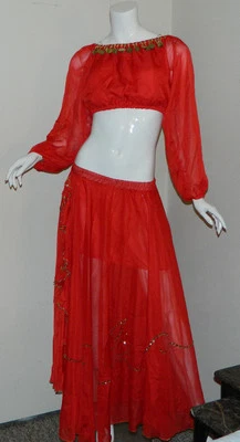 New Women Indian dance costume Belly dance practice suit red Gold solid Sz S/M  - Image 1 of 4