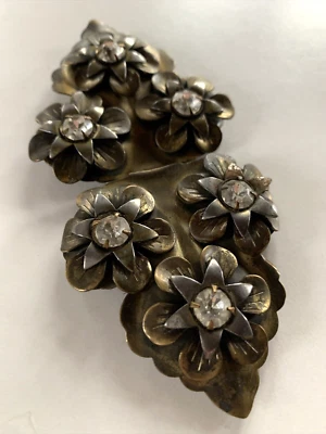 Vintage 1920s Art Deco RHINESTONE Daisies BELT BUCKLE Clip Set Silver Tone - Image 1 of 4