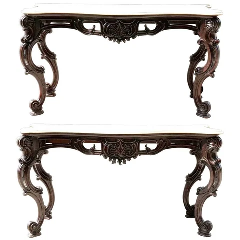 Large Pair Antique  Anglo Indian Rococo Style Marble & Mahogany Console Tables c Cover