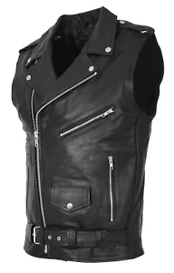 Mens Cowhide Leather Biker Waistcoat Sleeveless Vest Classic Brando Style Gilet - Picture 1 of 8