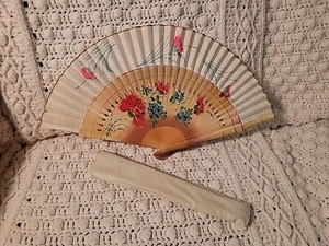Vintage Hand Fan, Hand Painted Pink & Blue Flowers On Fabric & Wood Arms, W/ Bag - Picture 1 of 15