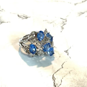 Vintage Cocktail Ring blau Strass silberfarben durchbrochen kräftig Retro Glam 6,5 - Bild 1 von 7