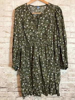 Old Navy Peasant Dress Womens XL Forest Green Ditsy Floral Lace Up Pockets Flowy - Image 1 of 4