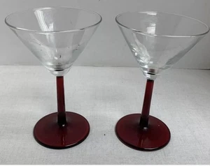 Vintage Lot of 2 Martini Glasses With Red Stem - Picture 1 of 8