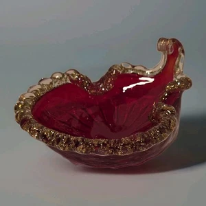 Ruby Red Art Glass Dish Bowl Bullicante Bubbles Gold Aventurine Flecks Unmarked - Picture 1 of 24