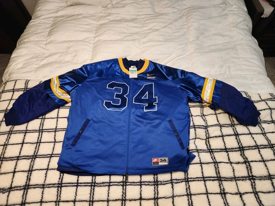 Mens S/34 Nike x Ambush Football Jacket Deep Royal Blue Gold DX6916-455