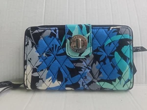 Vera Bradley Wallet Turn Lock Camofloral Black and Blue Quilted Large - Picture 1 of 6