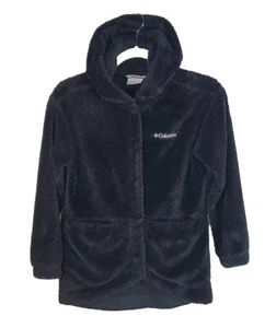 Columbia Girls Fire Side II Long Sherpa Fleece Jacket Sz Medium 10/12 Black Hood - Picture 1 of 10