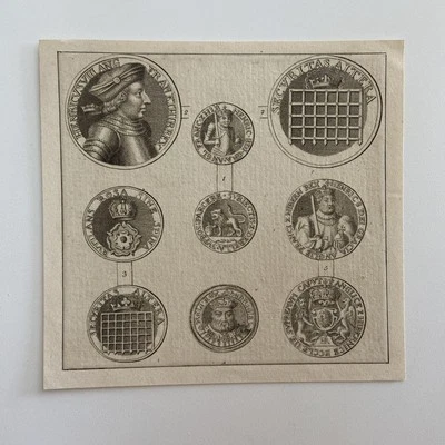 Gravura antiga de medalhões Tudor Henrique VIII da Inglaterra e iconografia real - Imagem 1 de 2