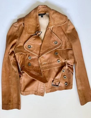 Bebe Distressed Cognac  Brown Genuine Leather Jacket Military Motorcycle Size S - Image 1 of 4