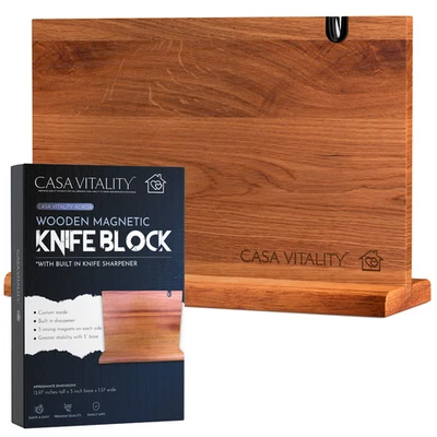 Acacia Wood Magnetic Knife Block 14 x 10" - Double Sided Magnets with Sharpener - Image 1 of 4