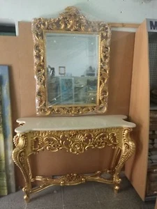 CONSOLLE CON MARMO + SPECCHIO IN LEGNO FOGLIA ORO SAGOMATO - Picture 1 of 1
