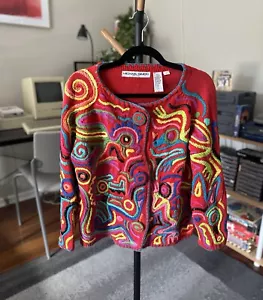 90s Vintage Michael Simon Sweater New Wave Tropical Abstract Print Red OS - Picture 1 of 9