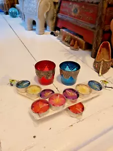 A PAIR OF RECYCLED GLASS & METAL INDIAN TEALIGHT HOLDERS WITH 2 PACKS OF CANDLES - Picture 1 of 11