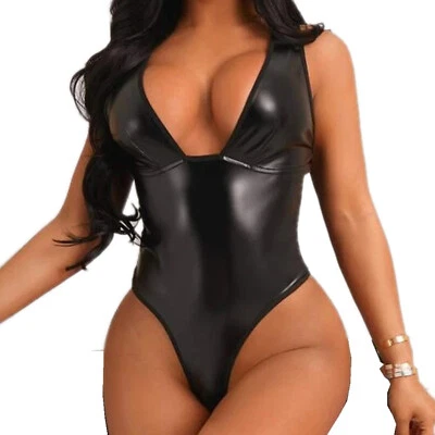 iEFiEL Womens PU Leather Skinny Bodysuit Slim Fit Sleeveless Deep V Neck Leotard - Image 1 of 4