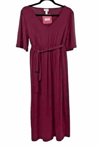 Ingrid & Isabel Maternity Size XS Flutter Sleeve Tie Dress Burgundy V Neck New - Picture 1 of 4