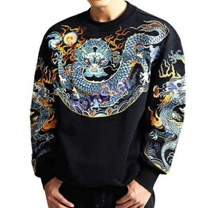 Mens Sweatshirt Japanese Pattern Embroidery Flame Coiled Dragon Tattoo Sweater - Picture 1 of 17