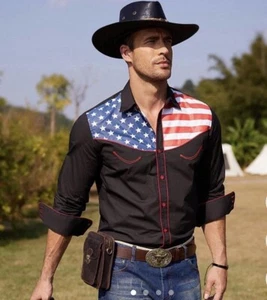 Coofandy Herren Hemd mit Knopfleiste Western amerikanische Flagge Langarm Kragen Large - Bild 1 von 10