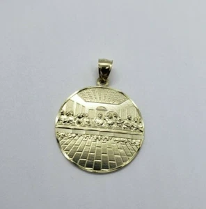 10K Yellow Solid Gold Round Last Supper Diamond Cut Pendant Charm 3 sizes - Picture 1 of 13