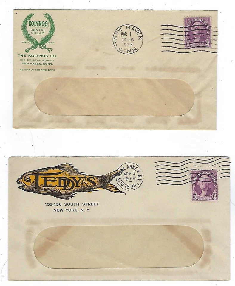 Pair 1930s Multi Color Advertising Envelopes, Connecticut & NY, Fish, Dental - Image 1 of 1