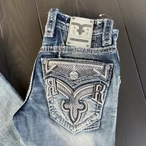 Jeans Rock Revival Para Hombres 28x36 Hansel Bota Ajustada Azul Premium Embellecido Denim - Imagen 1 de 20