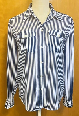 Blusa CHAPS Talla Pequeña Azul Blanco Rayas Clásica Con Botones Sin Plancha Para Mujer Foto 1 de 4