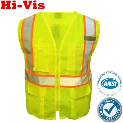 Safety Work Hi Vis ANSI Class 2 Reflective Tape Vest High Visibility Neon Green - Image 1 of 4