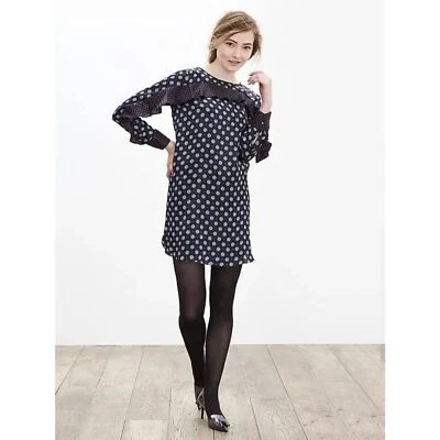 BANANA REPUBLIC Silk Dress Womens Size 12 Blue Ruffle Foulard Shift Long Sleeve - Image 1 of 4