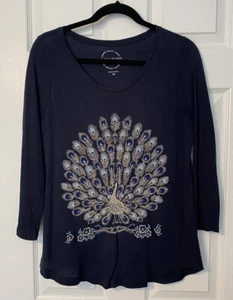 Lucky Brand Größe M marineblau pfauenbestickter Pullover 3/4-Ärmel Strickbluse - Bild 1 von 9