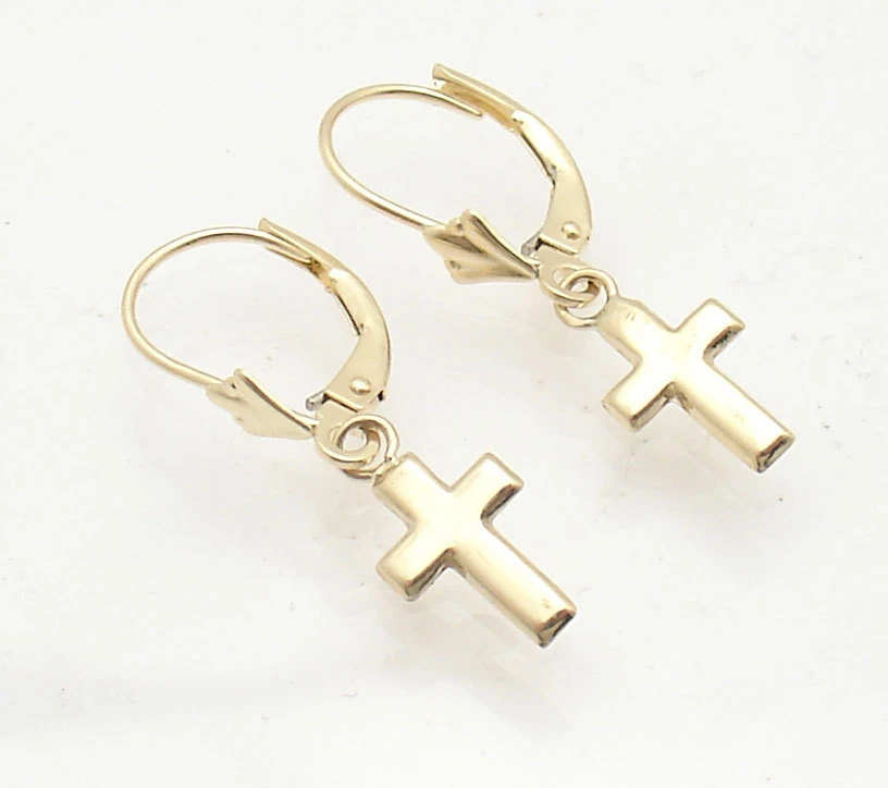 Полностью полированные висячие серьги-кресты с рычажной спинкой из настоящего желтого золота 10 карат - Изображение 1 из 3